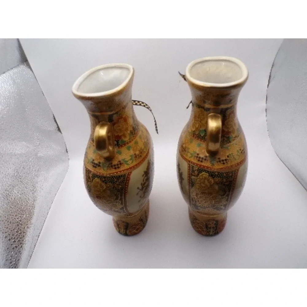 Pair Vintage Oriental Vases Gold Floral Dragon Design Decorative‎ Tabletop